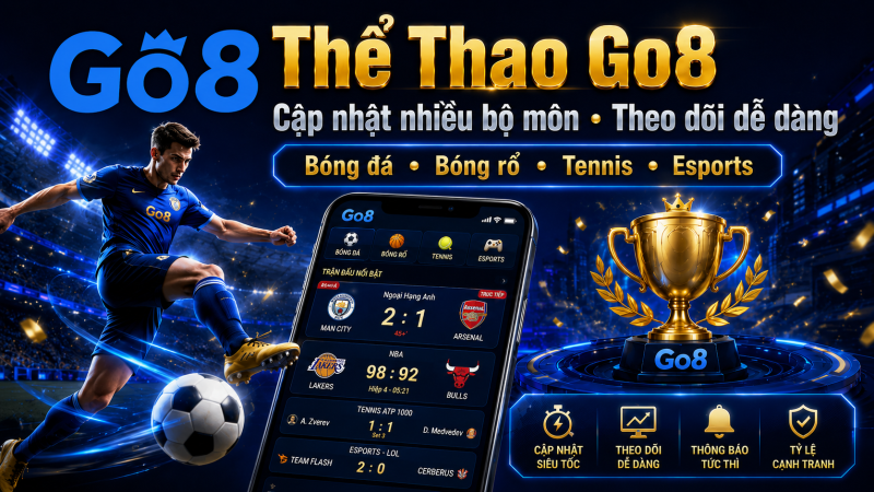 Ảnh banner Thể Thao Go8 với logo Go8 màu xanh, cầu thủ bóng đá, điện thoại hiển thị tỷ số trận đấu, cúp vàng và các mục bóng đá, bóng rổ, tennis, esports