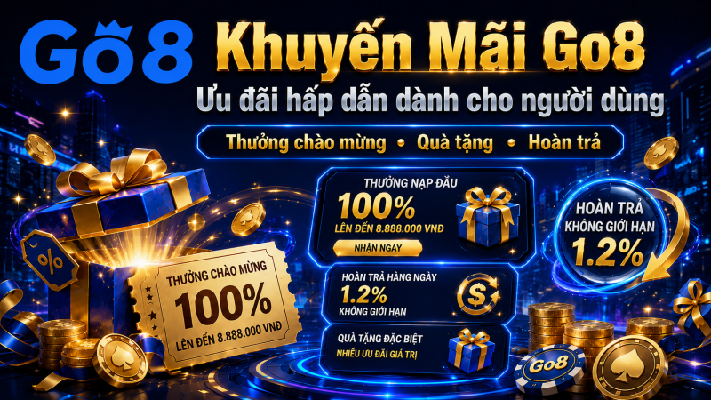Ảnh banner Khuyến Mãi Go8 với logo Go8 màu xanh, hộp quà xanh vàng, vé thưởng chào mừng 100%, đồng xu và các bảng ưu đãi hoàn trả