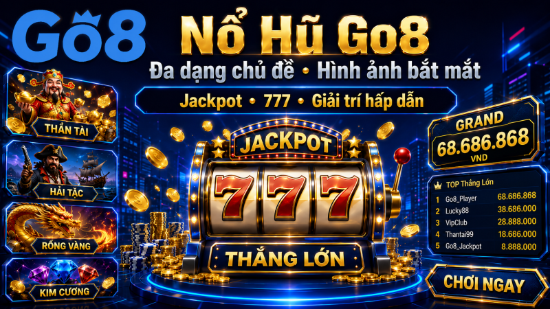 Ảnh banner Nổ Hũ Go8 với logo Go8 màu xanh, máy slot 777, bảng jackpot, đồng xu vàng, bảng xếp hạng thắng lớn và nút chơi ngay