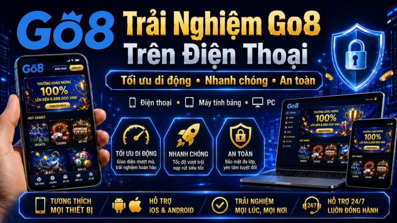 Ảnh banner Trải Nghiệm Go8 Trên Điện Thoại với logo Go8 màu xanh, điện thoại trên tay, laptop, máy tính bảng, biểu tượng bảo mật và các mục tối ưu di động
