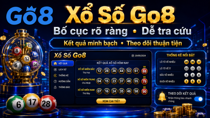 Ảnh banner Xổ Số Go8 với logo Go8 màu xanh, máy quay số, các quả bóng số, bảng kết quả xổ số và khu vực thống kê nổi bật